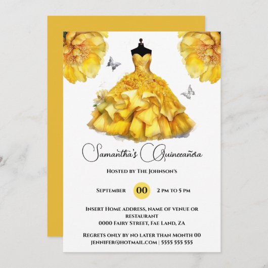 Yellow Quinceañera Ballgow Peony Blume Einladung (Vorne/Hinten)