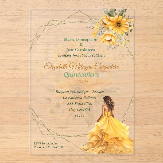 Yellow Quinceñera Floral Acryleinladungen (Vorderseite)