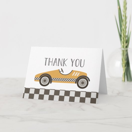 Yellow Race Car Baby Dusche Dankeskarte (Vorderseite)