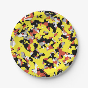 Yellow Red Black Grau Camouflage Camouflage Party Pappteller