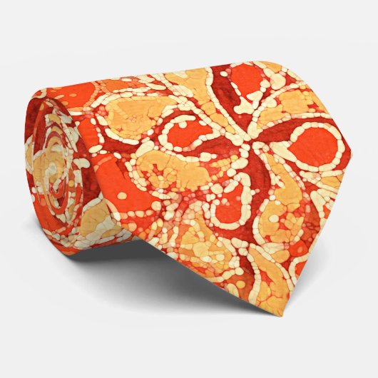 Yellow Red Orange Bali Batik Style Paisley Pattern Krawatte (Gerollt)