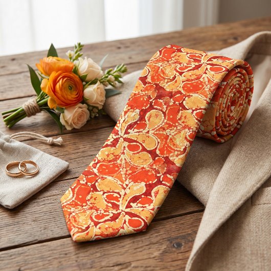 Yellow Red Orange Bali Batik Style Paisley Pattern Krawatte