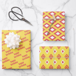 Yellow & Red Tribal Diamond Ikat Muster Geburtstag Geschenkpapier Set