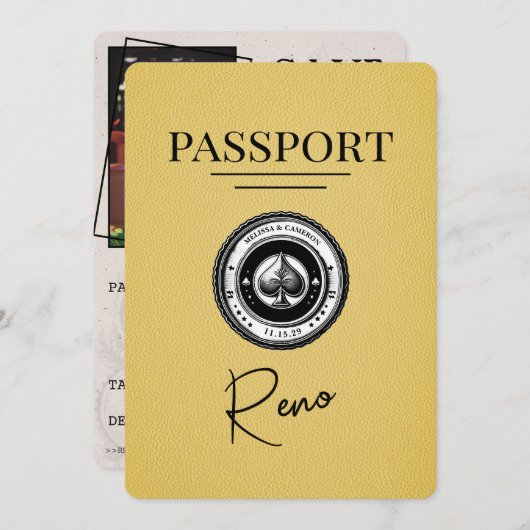 Yellow Reno Passport Save the Date (Vorne/Hinten)