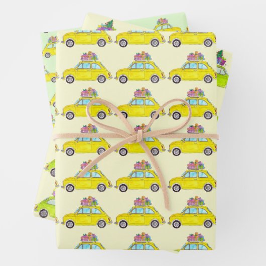 Yellow Retro Fiat 500 Weihnachtsgeschenke Wasserfa Geschenkpapier Set (Beispiel)