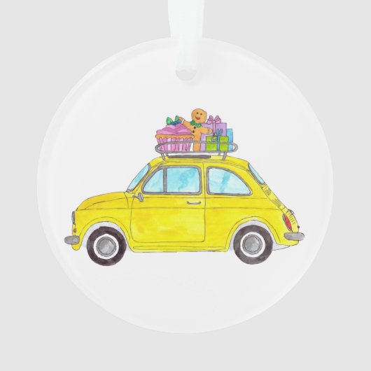 Yellow Retro Fiat 500 Weihnachtsgeschenke Wasserfa Ornament (Rückseite)