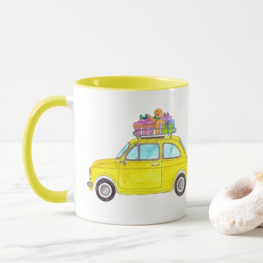 Yellow Retro Fiat 500 Weihnachtsgeschenke Wasserfa Tasse (Mit Donut)