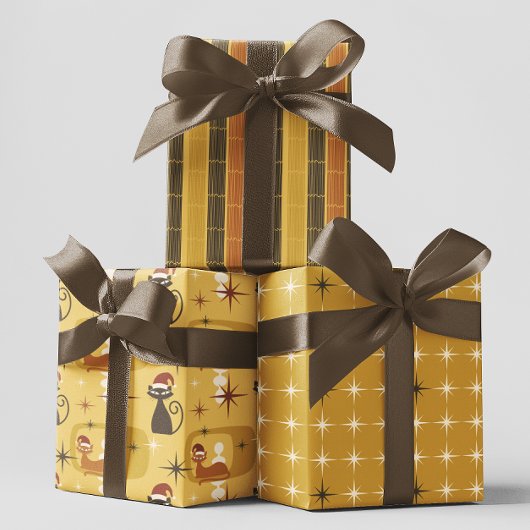 Yellow Retro Mitte Jahrhundert Moderne Katze Weihn Geschenkpapier Set