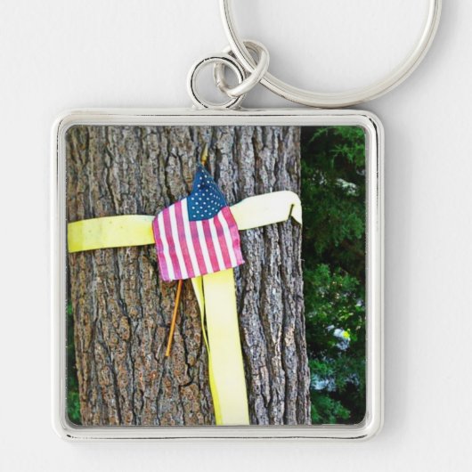 Yellow Ribbon Round Tree & U.S. Flag Schlüsselanhä Schlüsselanhänger (Vorne)