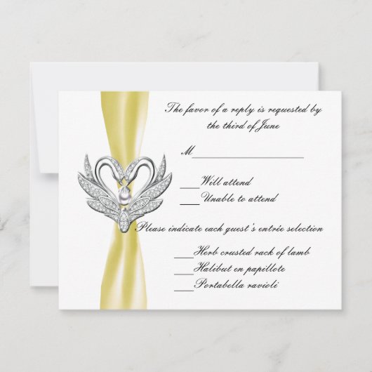 Yellow Ribbon Silver Swan Response Card RSVP Karte (Vorderseite)