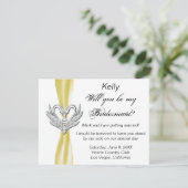 Yellow Ribbon Silver Swans Bridesmaid Card Einladung (Stehend Vorderseite)