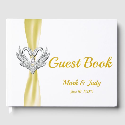 Yellow Ribbon Silver Swans Wedding Gästebuch (Vorderseite)