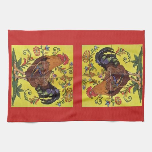 Yellow Rooster Hühnchen Rotes Volk Kunst Handtuch (Horizontal)