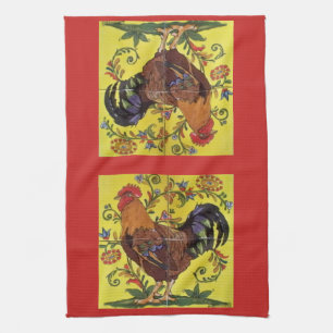 Yellow Rooster Hühnchen Rotes Volk Kunst Handtuch
