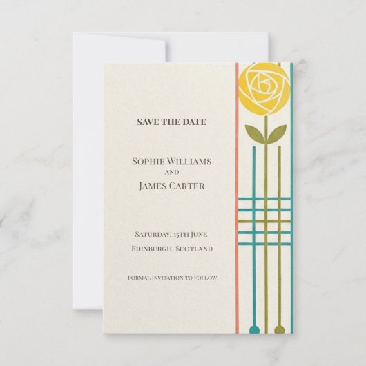 Yellow Rose Art Deco Hochzeitseinladung Save The Date (Vorderseite)