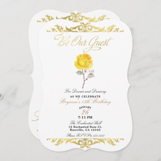 Yellow Rose & Elegante Gold Geburtstagsparty Einladung (Vorne/Hinten)