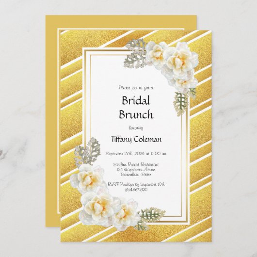 Yellow Rose Floral Gold Bridal Brunch Einladung (Vorne/Hinten)