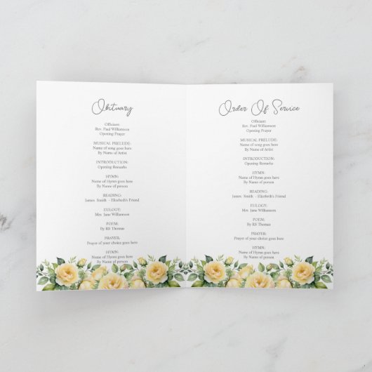 Yellow Rose Funeral Order of Service Foto Karte (Innenseite)