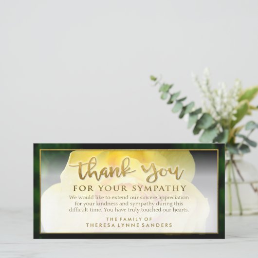 Yellow Rose Golden Vielen Dank Sympathy Card Dankeskarte (Stehend Vorderseite)