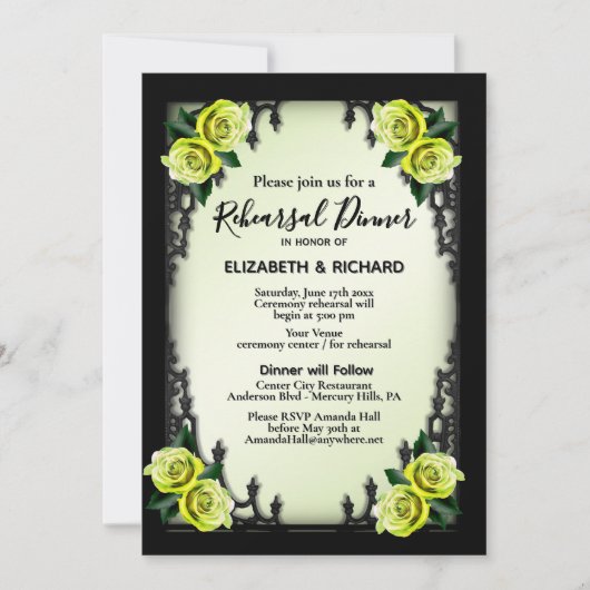 Yellow Rose Gothic Probe Dinner Green Einladung (Vorderseite)