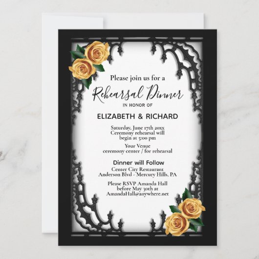 Yellow Rose Gothic Probe Dinner White Einladung (Vorderseite)
