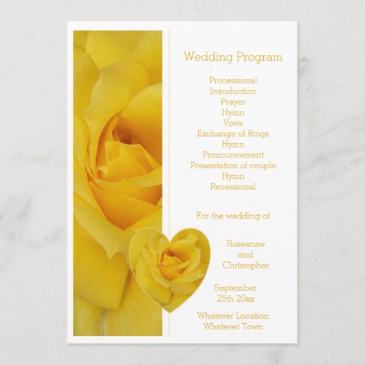Yellow Rose Heart Design Wedding Programm (Vorderseite)