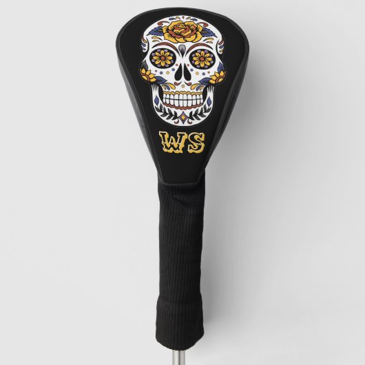 Yellow Rose Sugar Skull auf Black Monogram Golf Headcover (Vorderseite)