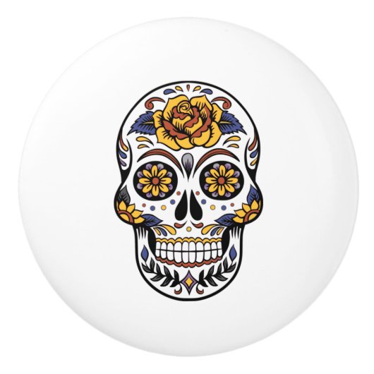 Yellow Rose Sugar Skull Keramikknauf (Vorderseite)