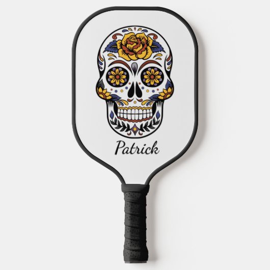 Yellow Rose Sugar Skull Persönlicher Name Pickleball Schläger (Vorderseite)