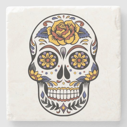 Yellow Rose Sugar Skull Steinuntersetzer (Vorderseite)