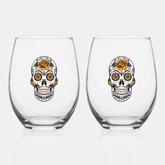 Yellow Rose Sugar Skull Weinglas Ohne Stiel (Vorderseite)
