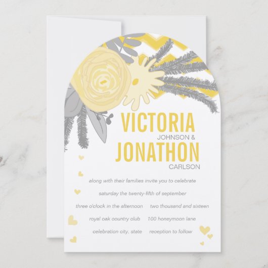 Yellow Rose und Ferns Gray Zig Zag Wedding Einladung (Vorderseite)