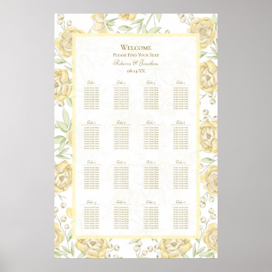 Yellow Rose Wedding Seating Chart Poster (Vorne)