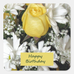 Yellow Rose White Daisie Birthday Quadratischer Aufkleber