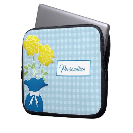 Yellow Roses Blue Vase Gingham Laptop Laptopschutzhülle (Vorderseite Links)