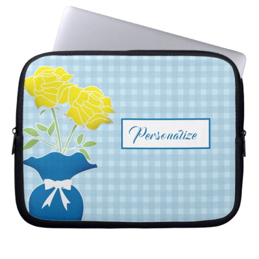 Yellow Roses Blue Vase Gingham Laptop Laptopschutzhülle (Vorderseite)
