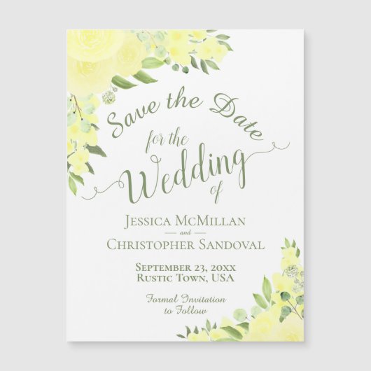 Yellow Roses Boho Save the Date Calligraphy Magnet (Vorderseite)