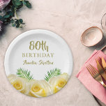 Yellow Roses Floral 80th Birthday Party Pappteller<br><div class="desc">Yellow Rose Floral 80th Surprise Birthday Party Paper Plates. Birthday floral plates with beautiful yellow roses and tropical leaves. Perfect for a woman who is celebrating her eightieth birthday. Add your name and age.</div>