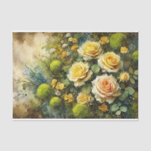 Yellow Roses Green Moss Impressionist Decoupage Seidenpapier (Vorderseite)