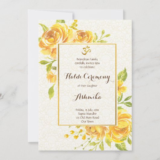 Yellow roses Haldi Pithi Zeremonie Einladung (Vorderseite)