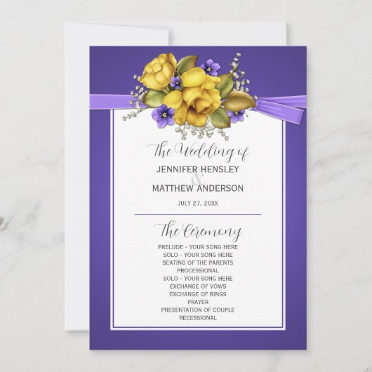 Yellow Roses Lila Violets Hochzeitsprogramm Einladung (Vorderseite)