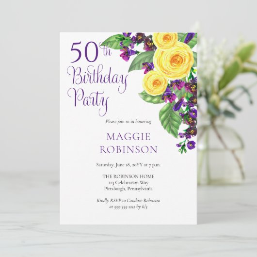 Yellow Roses Violet 50. Wedding Birthday Party Einladung (Stehend Vorderseite)