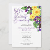 Yellow Roses Violet 50th Wedding Anniversary Party Einladung (Vorderseite)