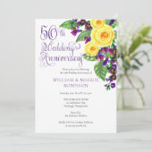 Yellow Roses Violet 50th Wedding Anniversary Party Einladung (Stehend Vorderseite)
