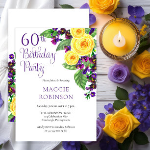 Yellow Roses Violet 60. Geburtstagsparty Einladung