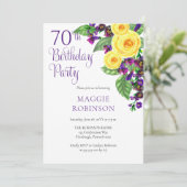 Yellow Roses Violet 70. Wedding Birthday Party Einladung (Stehend Vorderseite)