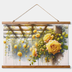 Yellow Roses Watercolor Garden Wandteppich Mit Holzrahmen