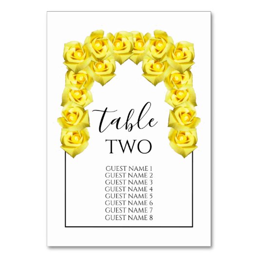 Yellow Roses Wedding Guest Names Tischnummer (Vorderseite)