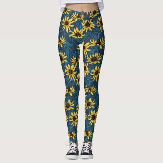 Yellow Rudbekia auf der Marine Leggings (Vorderseite)