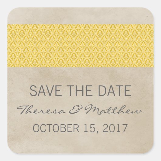 Yellow Rustic Damask Save the Date Stickers (Vorderseite)